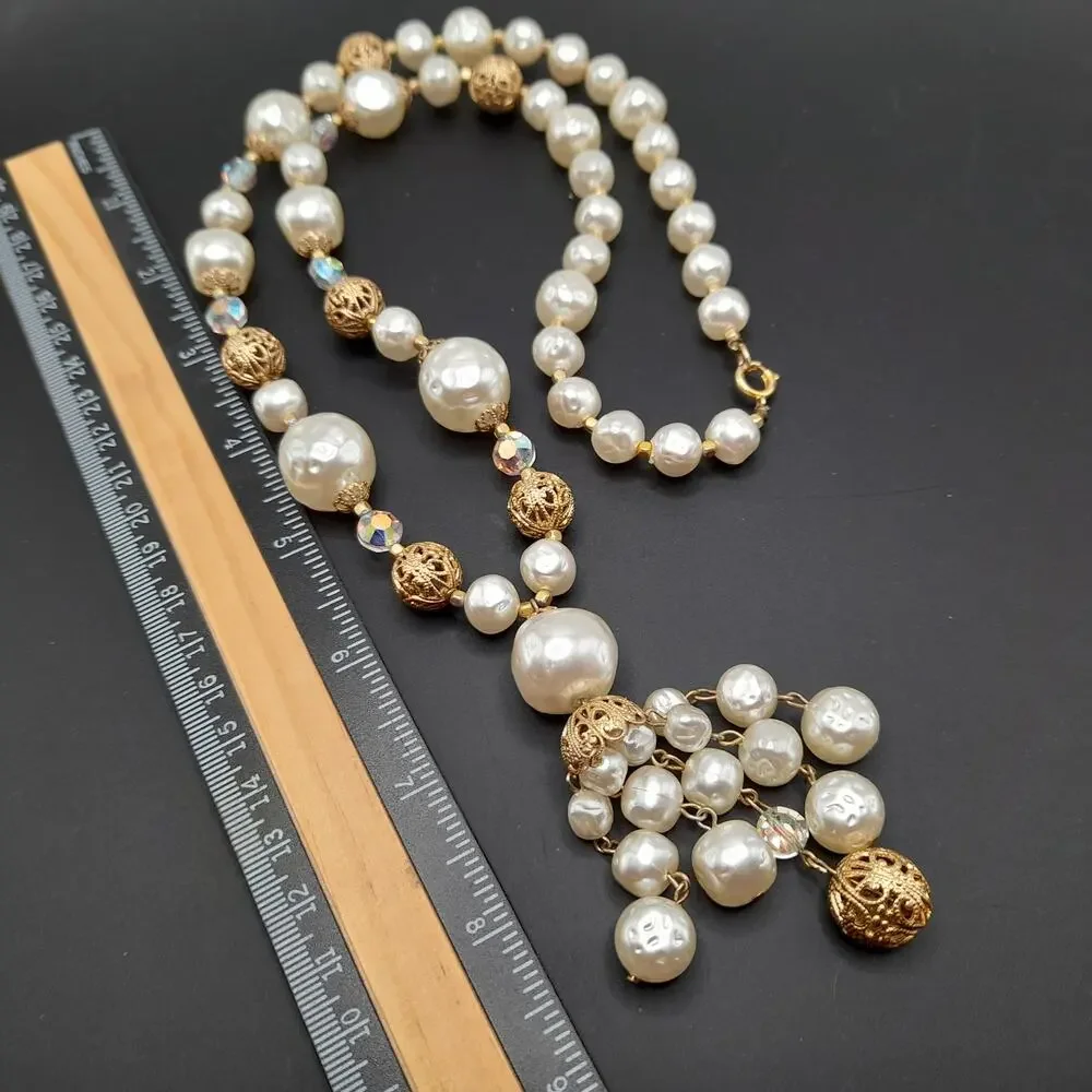 Vintage Faux Pearl Tassel Necklace, Aurora Borealis Crystals, 26